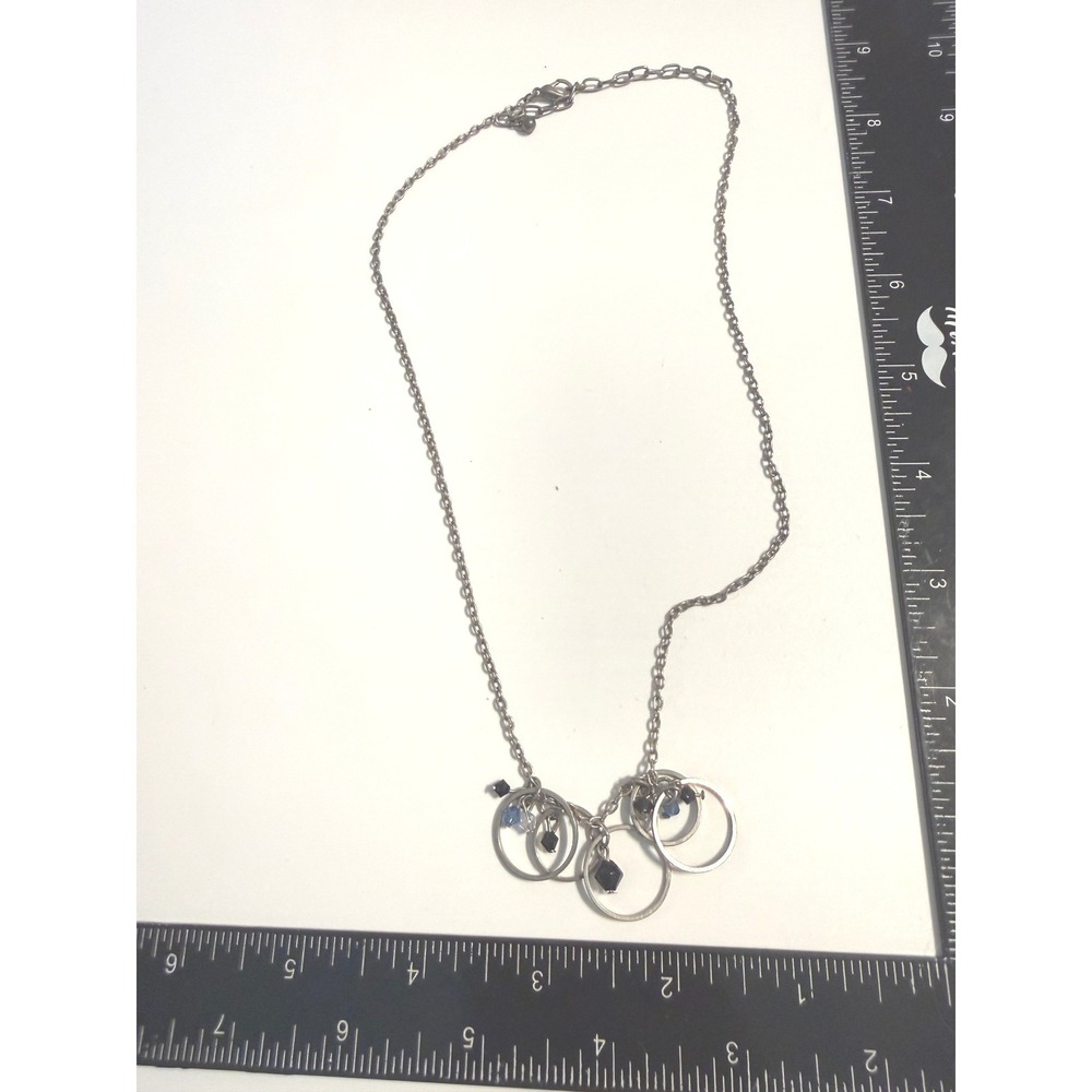 Silver Tone Interlocking Ring Bead Charm Necklace Black Blue Geometric Pendant